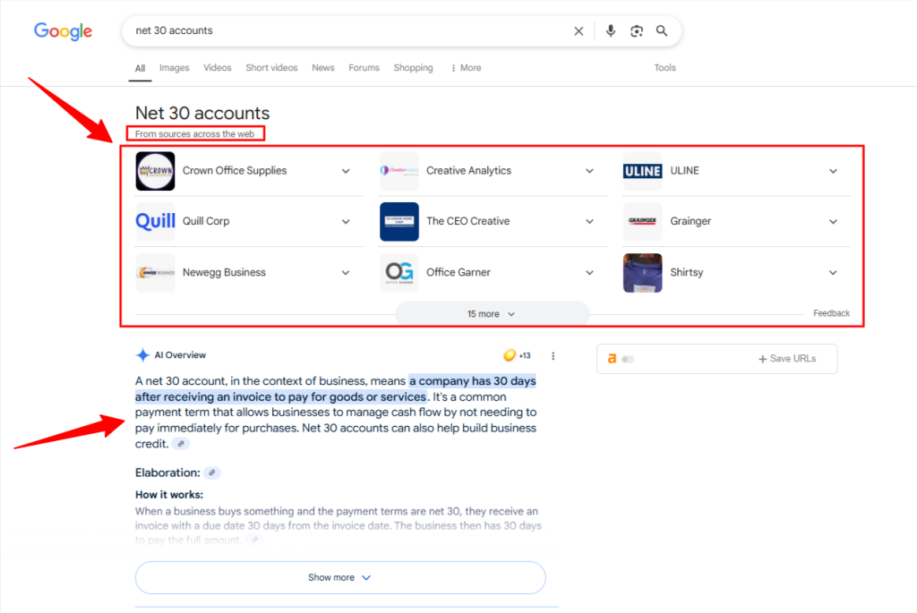 net 30 accounts search engine ai overview