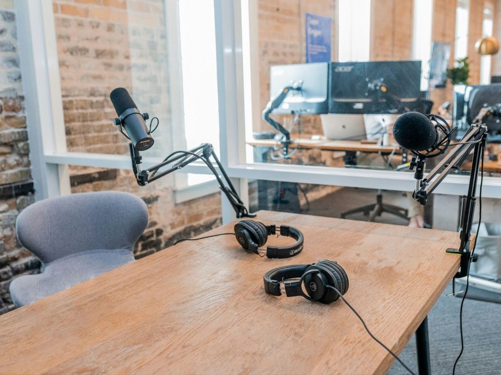 mic and headphone on a desk